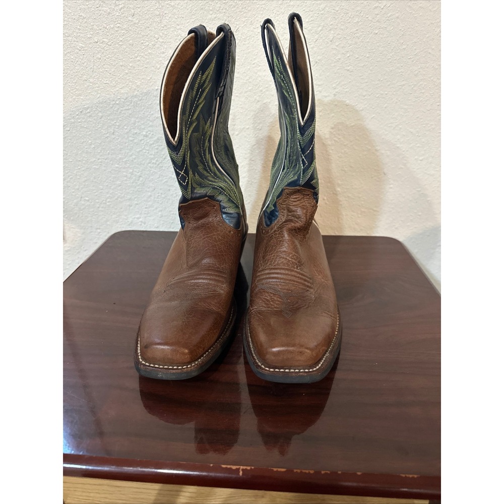 Mens Two Tone Brown and Navy Blue Embroidered Square Toe Western Cowboy Boots